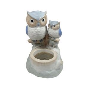 Colonial Candle Two Blue and White Owls Mother & Baby Ceramic Candle Holder 6"